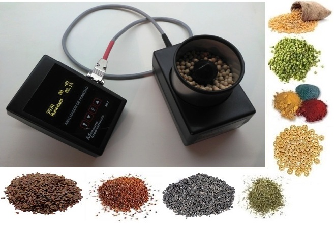 Medidor de humedad en granos, cereales, semillas y programable para polvos, harinas, granulados, té, café, yerba, vegetales y frutos deshidratados, productos triturados, químicos, aditivos, plástico, polímeros, azúcar, carbón, turba.