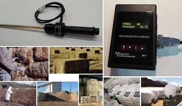 Medidor de humedad en fardos y rollos de pasto, heno, silopack, silograss, silaje, fardos de algodón, tabaco o papel, compost, tierras, arena de fractura, grava, sustratos, arcilla, polvos, granulados, viruta de madera.